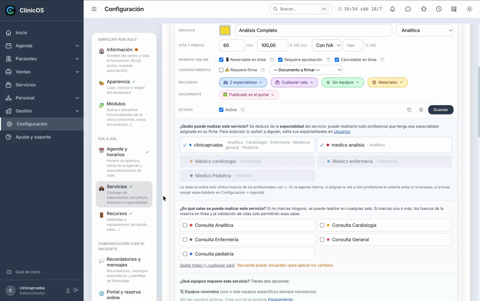 Editor de un servicio en ClinicOS: quién puede realizarlo, en qué salas y qué equipos requiere